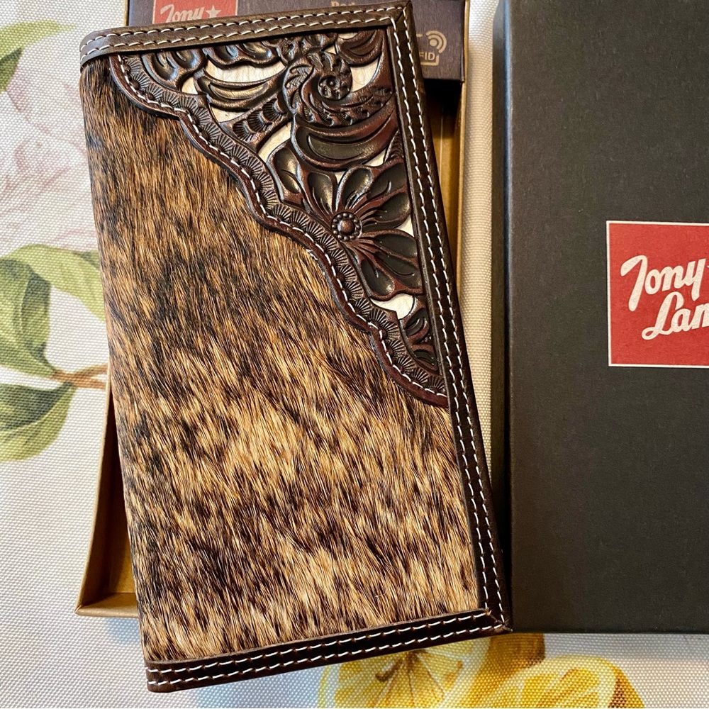 Cowhide Hair Wallet • NEW • by Tony Lama Rodeo Tooled Brindle Brown Leather